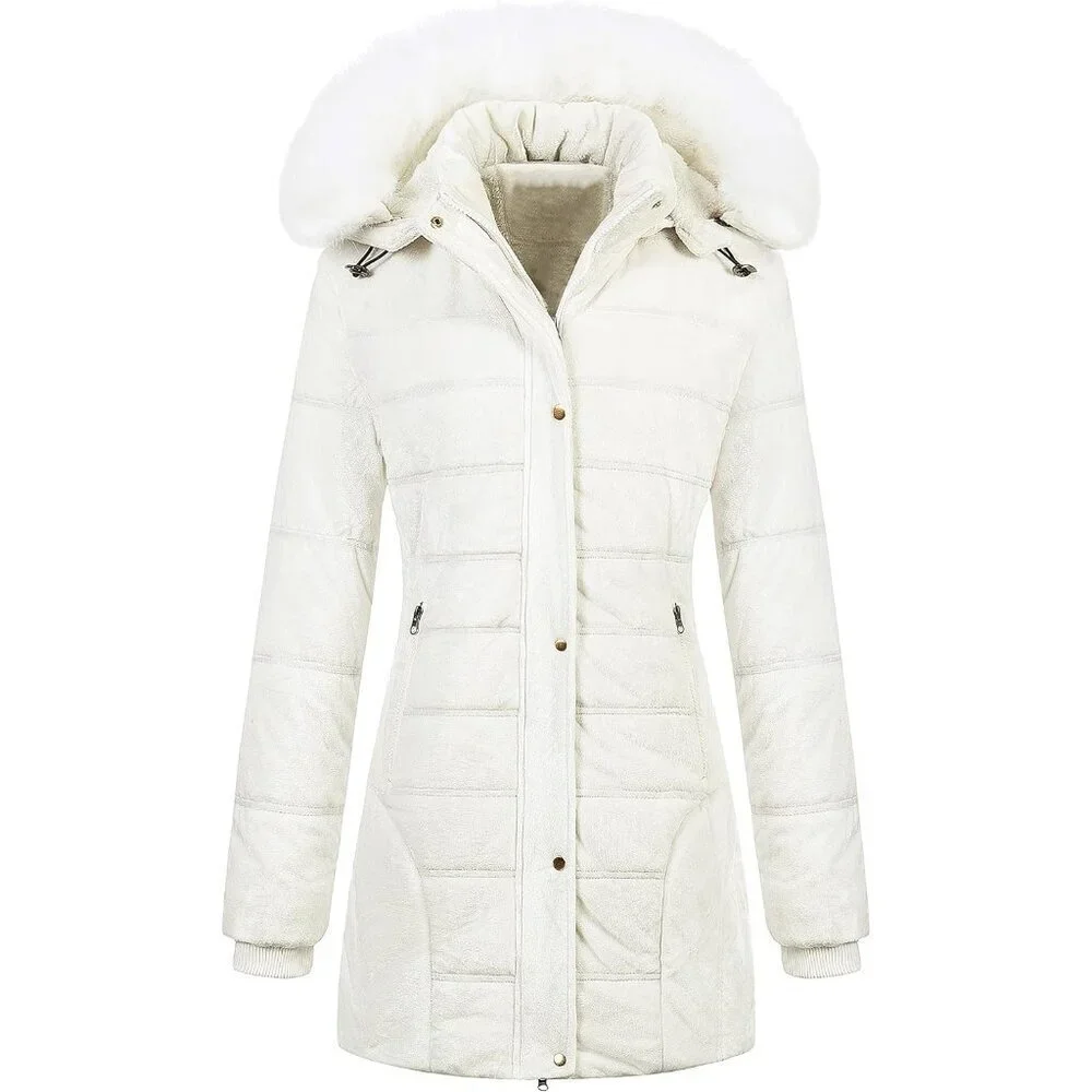Women's Cream White Winter Warm Coat Velvet Quilted Faux Fur Hood Puffer Jacket